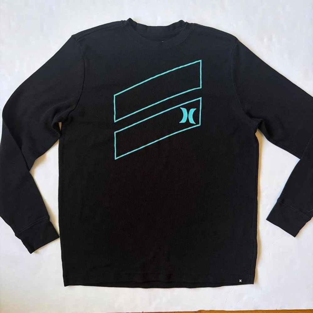 Hurley Mens Large Black Teal Graphic Thermal Long Sleeve Waffle Knit Shirt Y2K